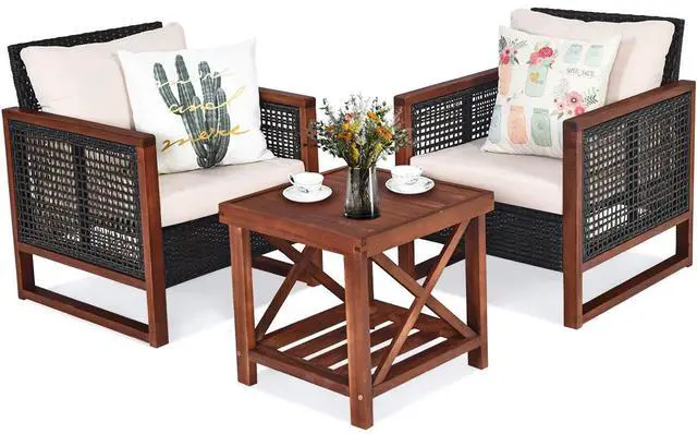 Main image of 3 Pieces Patio Wicker Furniture Set, Rattan Outdoor Sofa Set w/Washable Cushion & Acacia Wood Coffee Table, Conversation Bistro Set for Garden Balcony Backyard (Beige)