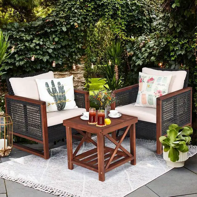 Alt view image 2 of 6 - 3 Pieces Patio Wicker Furniture Set, Rattan Outdoor Sofa Set w/Washable Cushion & Acacia Wood Coffee Table, Conversation Bistro Set for Garden Balcony Backyard (Beige)