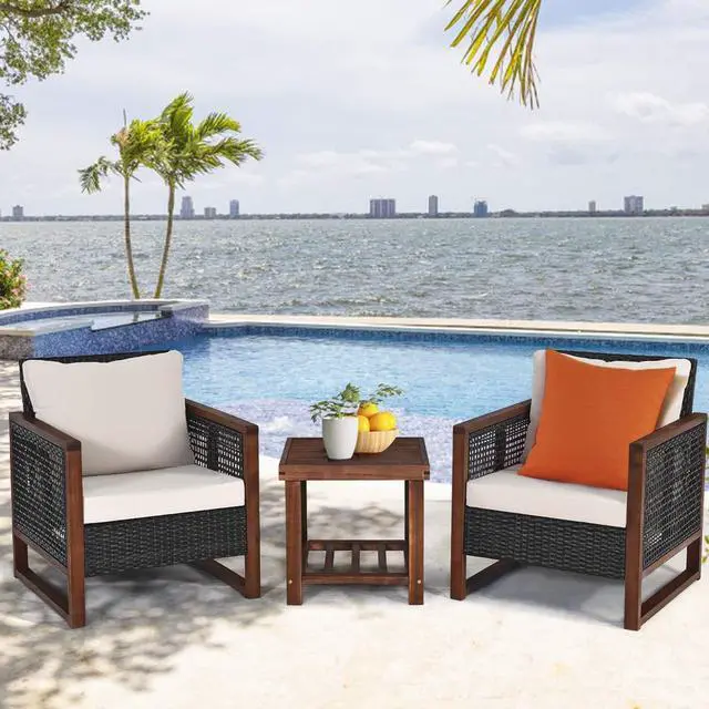 Alt view image 4 of 6 - 3 Pieces Patio Wicker Furniture Set, Rattan Outdoor Sofa Set w/Washable Cushion & Acacia Wood Coffee Table, Conversation Bistro Set for Garden Balcony Backyard (Beige)