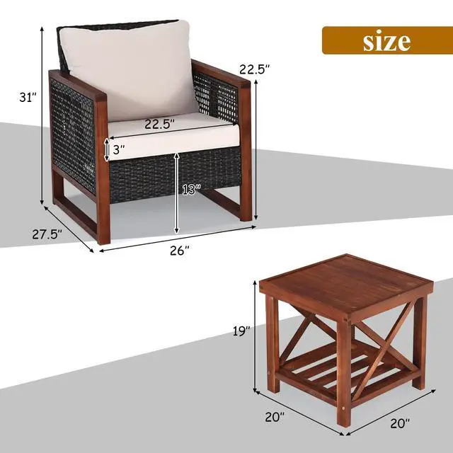 Alt view image 5 of 6 - 3 Pieces Patio Wicker Furniture Set, Rattan Outdoor Sofa Set w/Washable Cushion & Acacia Wood Coffee Table, Conversation Bistro Set for Garden Balcony Backyard (Beige)