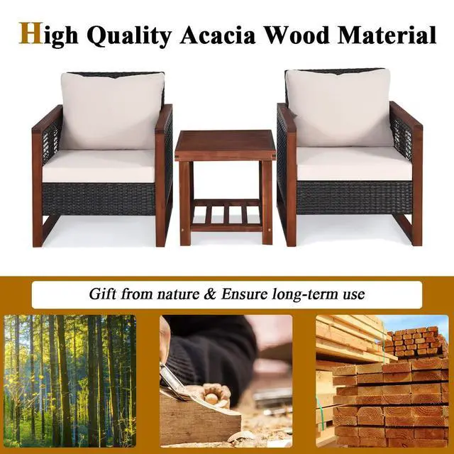 Alt view image 6 of 6 - 3 Pieces Patio Wicker Furniture Set, Rattan Outdoor Sofa Set w/Washable Cushion & Acacia Wood Coffee Table, Conversation Bistro Set for Garden Balcony Backyard (Beige)
