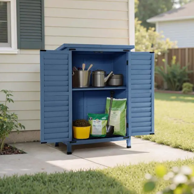 Alt view image 2 of 6 - Outdoor Storage Cabinet, Small Storage Shed with Removable Shelf, Wood Garden Shed with 2 Doors for Yard Patio Lawn (24.6 x 18.3 x 38.2 inch) 0985 (Blue)