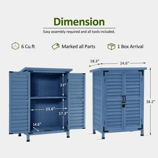 Alt view image 3 of 6 - Outdoor Storage Cabinet, Small Storage Shed with Removable Shelf, Wood Garden Shed with 2 Doors for Yard Patio Lawn (24.6 x 18.3 x 38.2 inch) 0985 (Blue)