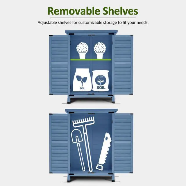 Alt view image 4 of 6 - Outdoor Storage Cabinet, Small Storage Shed with Removable Shelf, Wood Garden Shed with 2 Doors for Yard Patio Lawn (24.6 x 18.3 x 38.2 inch) 0985 (Blue)