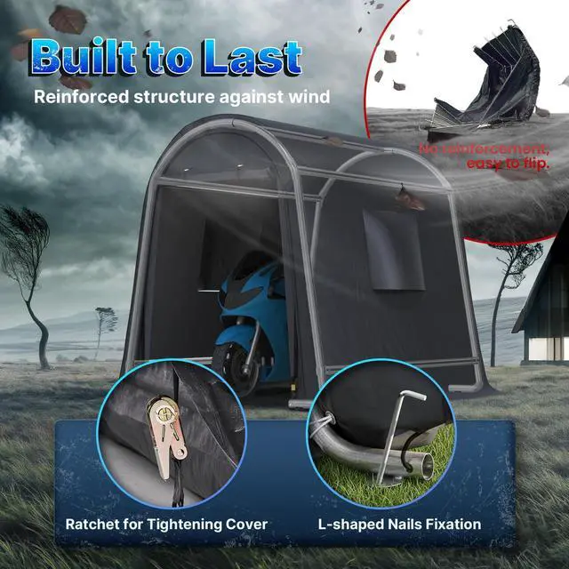 Alt view image 4 of 6 - 6x8 ft Storage Shed Shelter Steel Metal Round Peak Roof Portable Garage Carport for Motorcycle, Boat, or Garden Tools with 2 Roll up Doors & Vents,Dark Gray