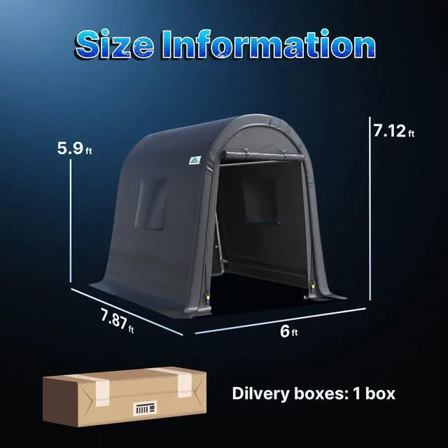 Alt view image 5 of 6 - 6x8 ft Storage Shed Shelter Steel Metal Round Peak Roof Portable Garage Carport for Motorcycle, Boat, or Garden Tools with 2 Roll up Doors & Vents,Dark Gray