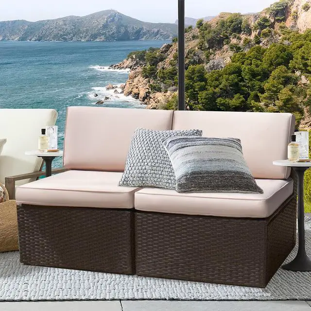Main image of 2 Pieces Patio Furniture Sets,Wicker Outdoor Sofa with Thick Cushion and Pillow,Small Sectional Couch All-Weather Armless Sofa for Backyard,Porch & Poolside,Waterproof Patio Furniture
