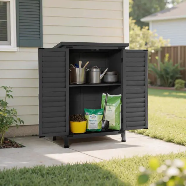 Alt view image 2 of 6 - Outdoor Storage Cabinet, Small Storage Shed with Removable Shelf, Wood Garden Shed with 2 Doors for Yard Patio Lawn (24.6 x 18.3 x 38.2 inch) 0985 (Grey)