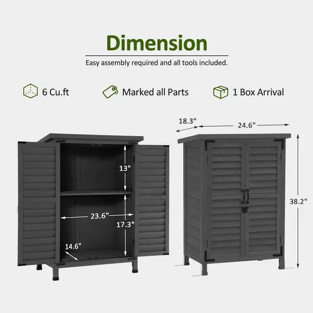 Alt view image 3 of 6 - Outdoor Storage Cabinet, Small Storage Shed with Removable Shelf, Wood Garden Shed with 2 Doors for Yard Patio Lawn (24.6 x 18.3 x 38.2 inch) 0985 (Grey)