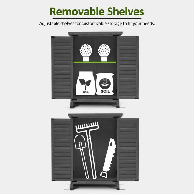 Alt view image 4 of 6 - Outdoor Storage Cabinet, Small Storage Shed with Removable Shelf, Wood Garden Shed with 2 Doors for Yard Patio Lawn (24.6 x 18.3 x 38.2 inch) 0985 (Grey)