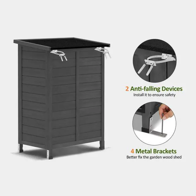 Alt view image 6 of 6 - Outdoor Storage Cabinet, Small Storage Shed with Removable Shelf, Wood Garden Shed with 2 Doors for Yard Patio Lawn (24.6 x 18.3 x 38.2 inch) 0985 (Grey)