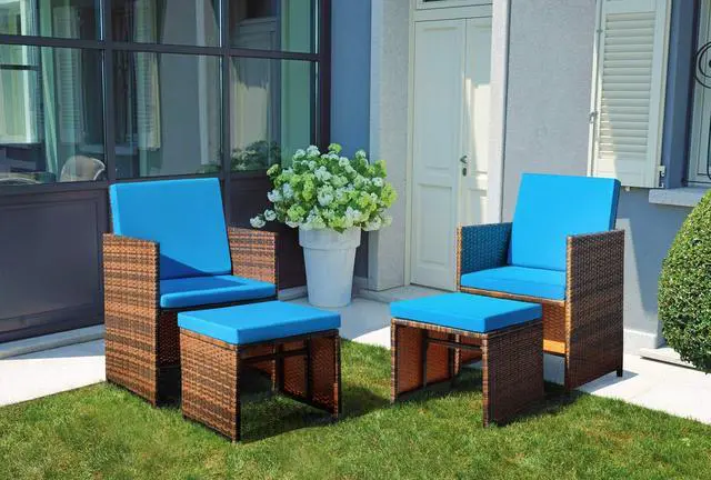 Main image of 4 Pieces Patio Wicker Furniture Set Outdoor Patio Chairs with Ottomans All Weather Cushioned Chairs Balcony Porch Furniture (Blue)