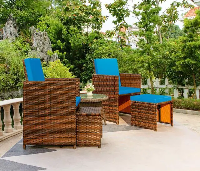 Alt view image 2 of 6 - 4 Pieces Patio Wicker Furniture Set Outdoor Patio Chairs with Ottomans All Weather Cushioned Chairs Balcony Porch Furniture (Blue)