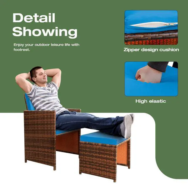 Alt view image 3 of 6 - 4 Pieces Patio Wicker Furniture Set Outdoor Patio Chairs with Ottomans All Weather Cushioned Chairs Balcony Porch Furniture (Blue)