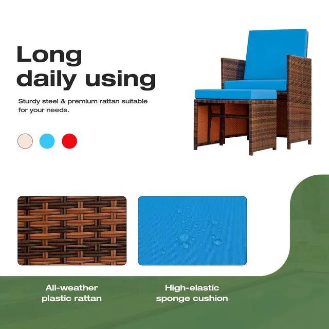 Alt view image 4 of 6 - 4 Pieces Patio Wicker Furniture Set Outdoor Patio Chairs with Ottomans All Weather Cushioned Chairs Balcony Porch Furniture (Blue)