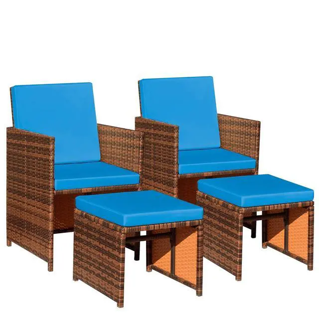 Alt view image 5 of 6 - 4 Pieces Patio Wicker Furniture Set Outdoor Patio Chairs with Ottomans All Weather Cushioned Chairs Balcony Porch Furniture (Blue)