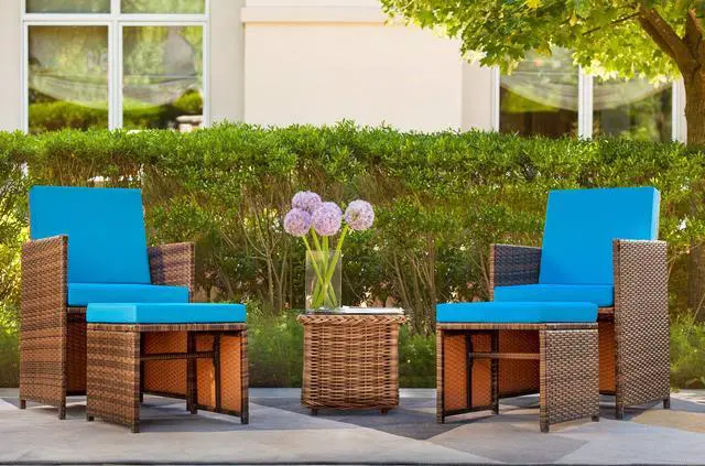 Alt view image 6 of 6 - 4 Pieces Patio Wicker Furniture Set Outdoor Patio Chairs with Ottomans All Weather Cushioned Chairs Balcony Porch Furniture (Blue)