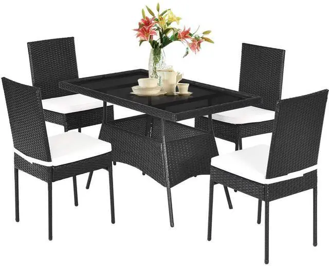 Main image of 5 Piece Wicker Patio Dining Set, Outdoor Rattan Table & Chairs Set with Tempered Glass Top & Padded Cushions, Patio Furniture Dining Table Set for Balcony Patio Garden Poolside