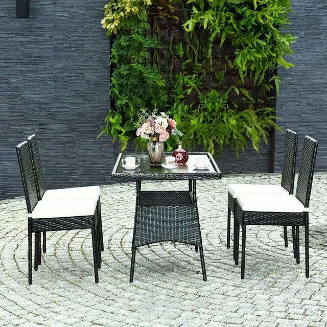 Alt view image 2 of 6 - 5 Piece Wicker Patio Dining Set, Outdoor Rattan Table & Chairs Set with Tempered Glass Top & Padded Cushions, Patio Furniture Dining Table Set for Balcony Patio Garden Poolside