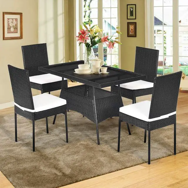 Alt view image 3 of 6 - 5 Piece Wicker Patio Dining Set, Outdoor Rattan Table & Chairs Set with Tempered Glass Top & Padded Cushions, Patio Furniture Dining Table Set for Balcony Patio Garden Poolside