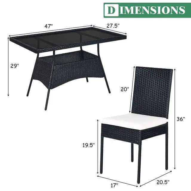 Alt view image 4 of 6 - 5 Piece Wicker Patio Dining Set, Outdoor Rattan Table & Chairs Set with Tempered Glass Top & Padded Cushions, Patio Furniture Dining Table Set for Balcony Patio Garden Poolside