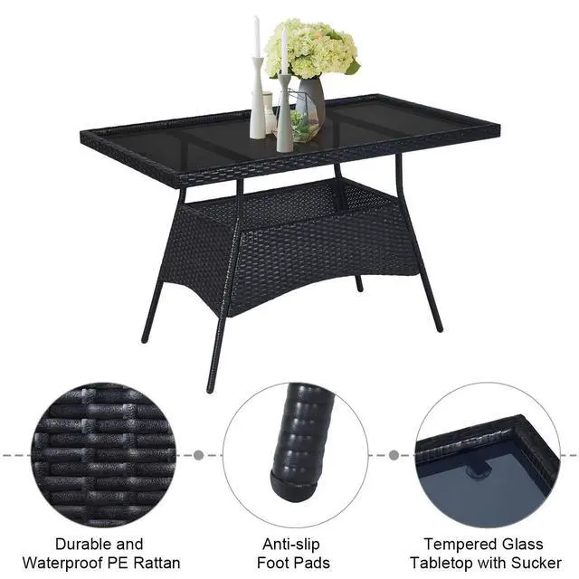 Alt view image 5 of 6 - 5 Piece Wicker Patio Dining Set, Outdoor Rattan Table & Chairs Set with Tempered Glass Top & Padded Cushions, Patio Furniture Dining Table Set for Balcony Patio Garden Poolside