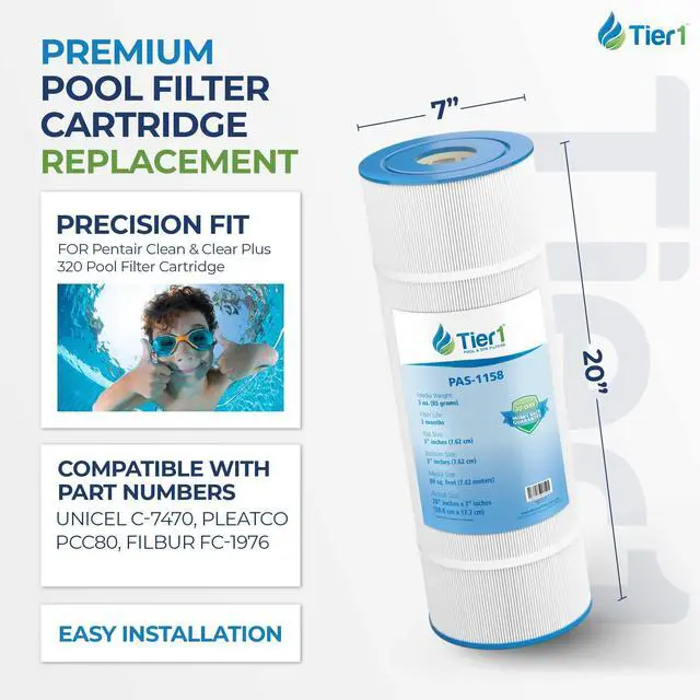 Alt view image 2 of 6 - Replacement for Pentair CCP320 Pool Filter 4-Pack | Compatible with Unicel C-7470, Pleatco PCC80, Filbur FC-1976, Clean & Clear Plus 320 | 20" x 7" | Washable Filter Cartridge