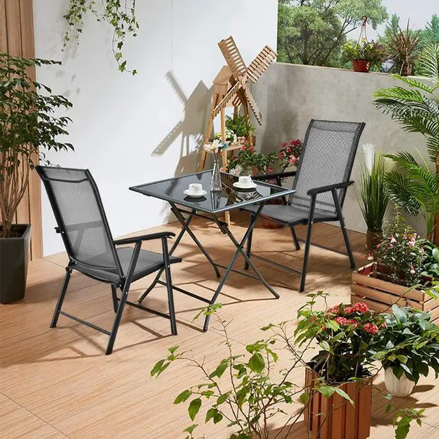 Alt view image 2 of 6 - Patio Chairs Set of 2, Outdoor Foldable Sling Chairs with Armrests, Folding Outdoor Chairs for Lawn Garden Backyard Poolside Porch (Gray)