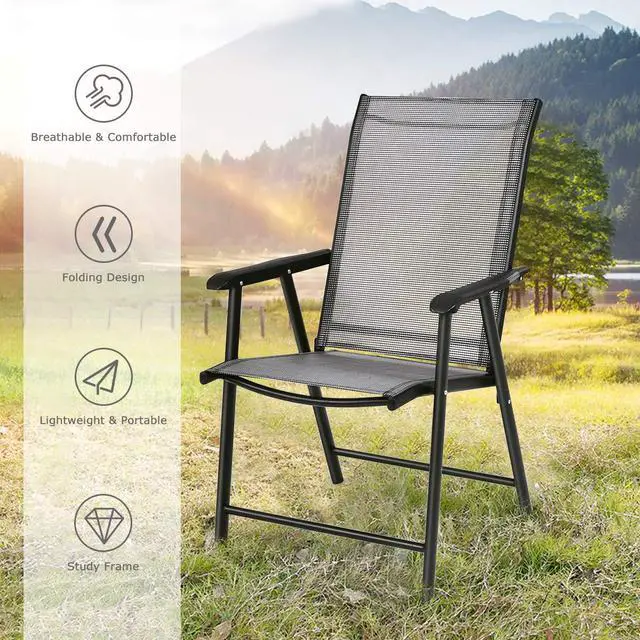 Alt view image 6 of 6 - Patio Chairs Set of 2, Outdoor Foldable Sling Chairs with Armrests, Folding Outdoor Chairs for Lawn Garden Backyard Poolside Porch (Gray)