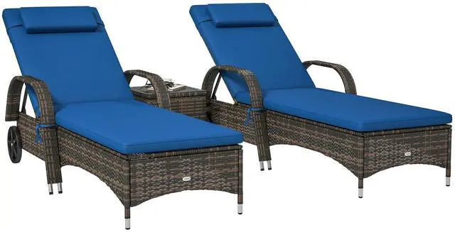 Main image of Wicker Outdoor Chaise Lounge Chair Set of 3 with Side Table, 5-Level Adjustable Backrest PE Rattan Pool Lounge Chair with Wheels, Cushion & Headrest, Brown and Gray