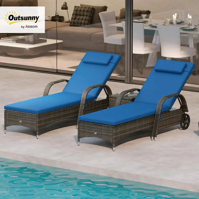 Alt view image 2 of 6 - Wicker Outdoor Chaise Lounge Chair Set of 3 with Side Table, 5-Level Adjustable Backrest PE Rattan Pool Lounge Chair with Wheels, Cushion & Headrest, Brown and Gray