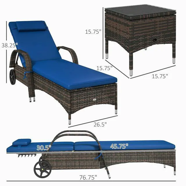 Alt view image 3 of 6 - Wicker Outdoor Chaise Lounge Chair Set of 3 with Side Table, 5-Level Adjustable Backrest PE Rattan Pool Lounge Chair with Wheels, Cushion & Headrest, Brown and Gray