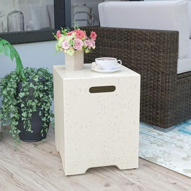 Alt view image 2 of 6 - Propane Tank Cover Table 16 inch for Fire Table, 20lb Gallon Gas Tank Cover, Hideaway Concrete Grill Tank Table, MgO Tank Storage Box, Outdoor Side Table for Fire Pit, Patio, Terrazzo Colorful