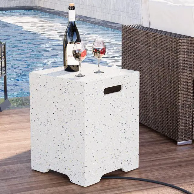 Alt view image 4 of 6 - Propane Tank Cover Table 16 inch for Fire Table, 20lb Gallon Gas Tank Cover, Hideaway Concrete Grill Tank Table, MgO Tank Storage Box, Outdoor Side Table for Fire Pit, Patio, Terrazzo Colorful