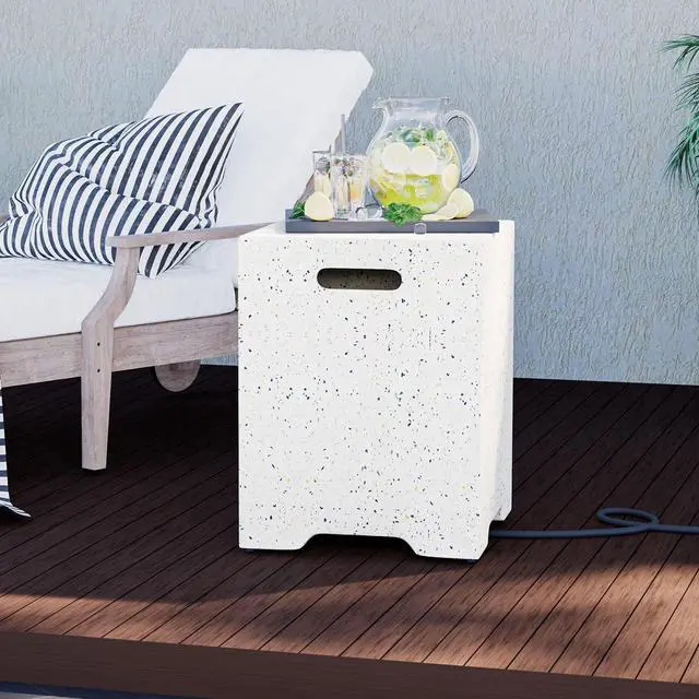 Alt view image 5 of 6 - Propane Tank Cover Table 16 inch for Fire Table, 20lb Gallon Gas Tank Cover, Hideaway Concrete Grill Tank Table, MgO Tank Storage Box, Outdoor Side Table for Fire Pit, Patio, Terrazzo Colorful