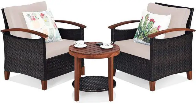 Main image of 3 Pieces Patio Furniture Set, Outdoor Rattan Sofa and Side Table w/Solid Acacia Wood Frame, High Load Bearing Conversation Bistro Set w/Washable and Removable Cushions (Beige)