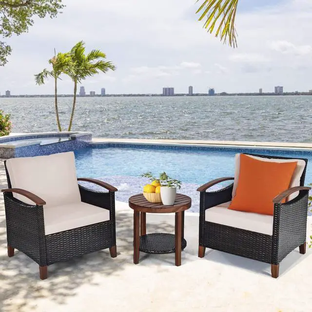 Alt view image 2 of 6 - 3 Pieces Patio Furniture Set, Outdoor Rattan Sofa and Side Table w/Solid Acacia Wood Frame, High Load Bearing Conversation Bistro Set w/Washable and Removable Cushions (Beige)