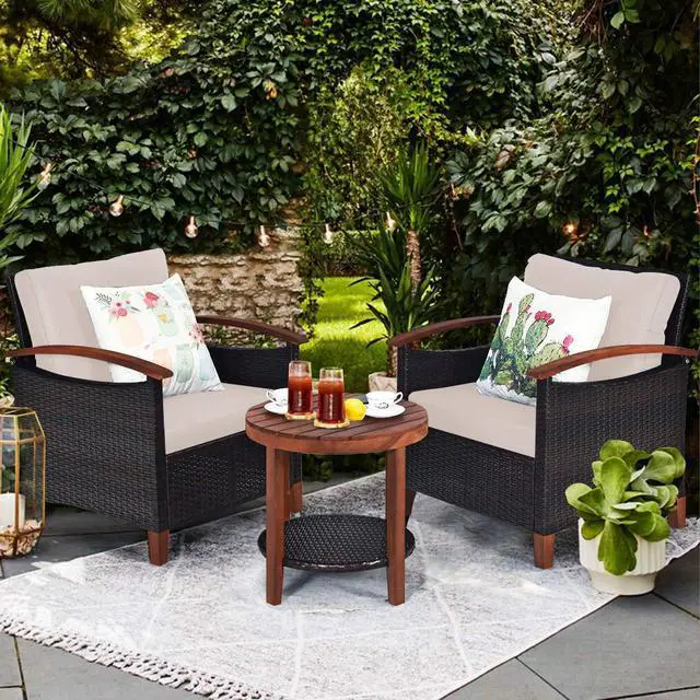 Alt view image 3 of 6 - 3 Pieces Patio Furniture Set, Outdoor Rattan Sofa and Side Table w/Solid Acacia Wood Frame, High Load Bearing Conversation Bistro Set w/Washable and Removable Cushions (Beige)