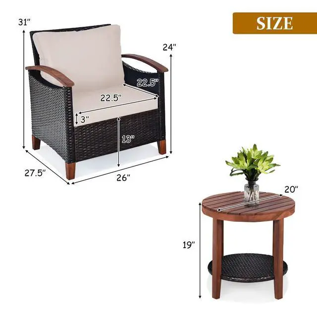 Alt view image 4 of 6 - 3 Pieces Patio Furniture Set, Outdoor Rattan Sofa and Side Table w/Solid Acacia Wood Frame, High Load Bearing Conversation Bistro Set w/Washable and Removable Cushions (Beige)