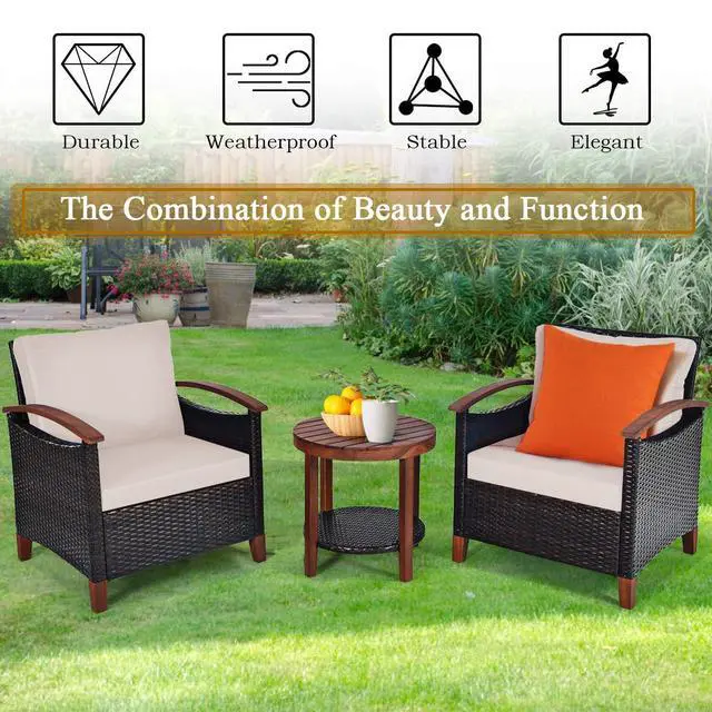 Alt view image 5 of 6 - 3 Pieces Patio Furniture Set, Outdoor Rattan Sofa and Side Table w/Solid Acacia Wood Frame, High Load Bearing Conversation Bistro Set w/Washable and Removable Cushions (Beige)
