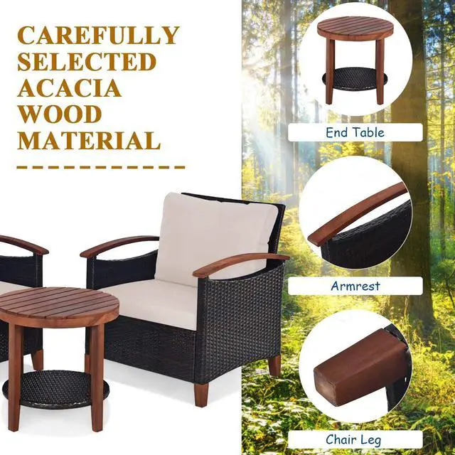 Alt view image 6 of 6 - 3 Pieces Patio Furniture Set, Outdoor Rattan Sofa and Side Table w/Solid Acacia Wood Frame, High Load Bearing Conversation Bistro Set w/Washable and Removable Cushions (Beige)
