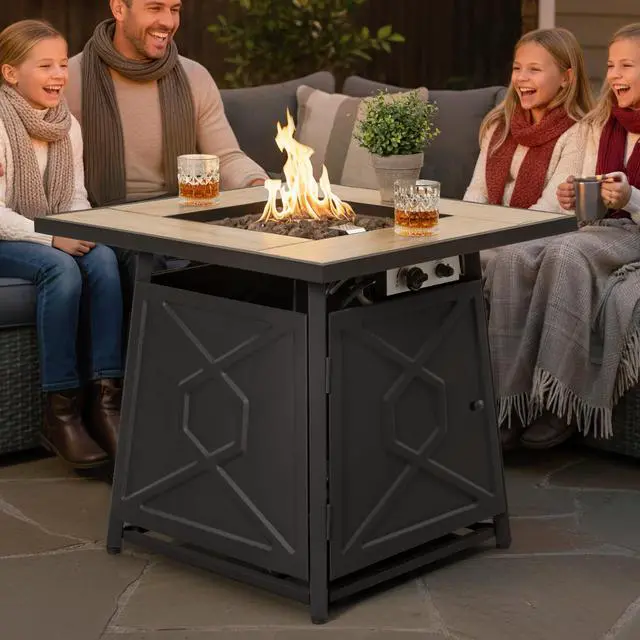 Alt view image 2 of 6 - 28 Inch Outdoor Propane Fire Pit Table, 50,000 BTU Square Gas Fire Table with Ceramic Tabletop, Lid, Cover, Lava Rock for Garden Backyard Party, Black