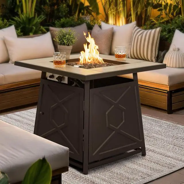 Alt view image 3 of 6 - 28 Inch Outdoor Propane Fire Pit Table, 50,000 BTU Square Gas Fire Table with Ceramic Tabletop, Lid, Cover, Lava Rock for Garden Backyard Party, Black