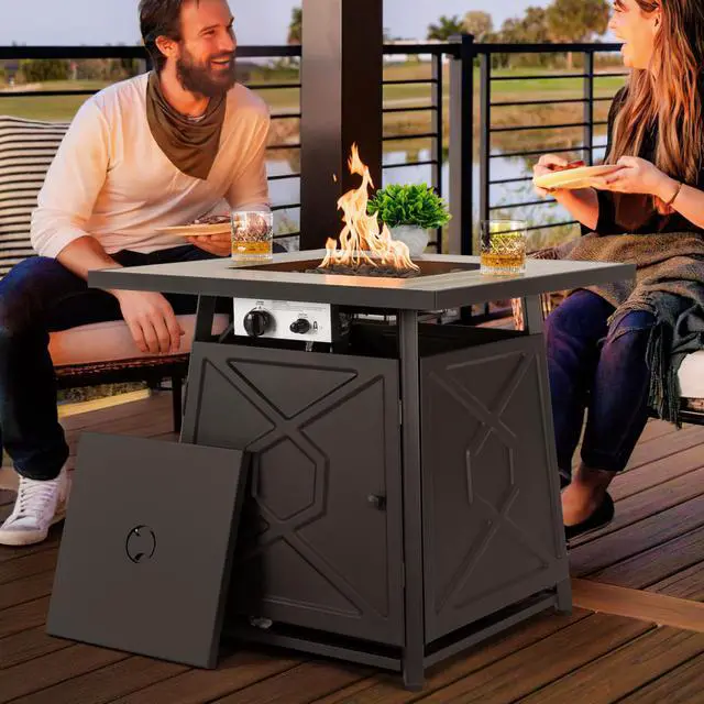 Alt view image 4 of 6 - 28 Inch Outdoor Propane Fire Pit Table, 50,000 BTU Square Gas Fire Table with Ceramic Tabletop, Lid, Cover, Lava Rock for Garden Backyard Party, Black