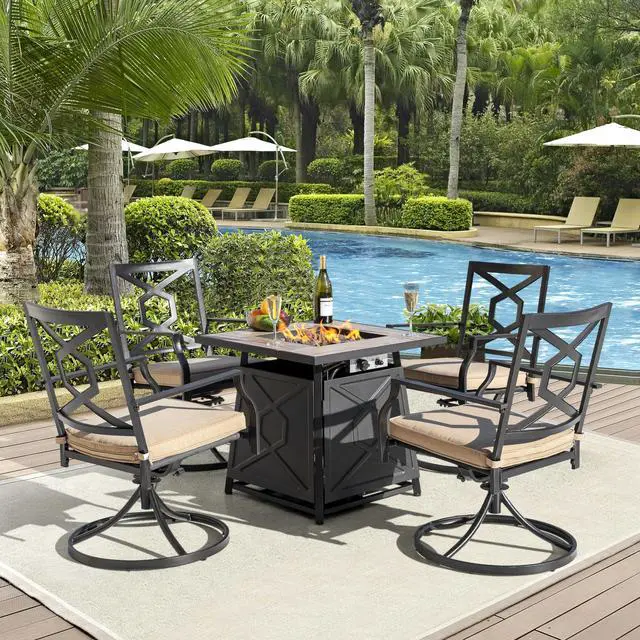 Alt view image 5 of 6 - 28 Inch Outdoor Propane Fire Pit Table, 50,000 BTU Square Gas Fire Table with Ceramic Tabletop, Lid, Cover, Lava Rock for Garden Backyard Party, Black