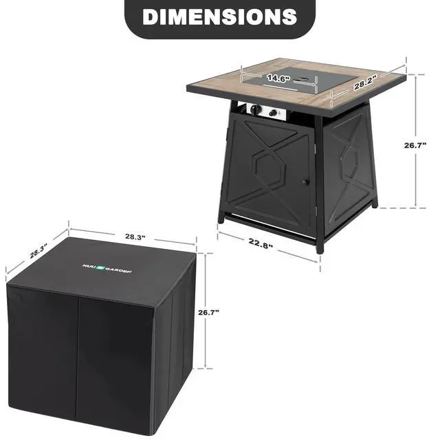 Alt view image 6 of 6 - 28 Inch Outdoor Propane Fire Pit Table, 50,000 BTU Square Gas Fire Table with Ceramic Tabletop, Lid, Cover, Lava Rock for Garden Backyard Party, Black