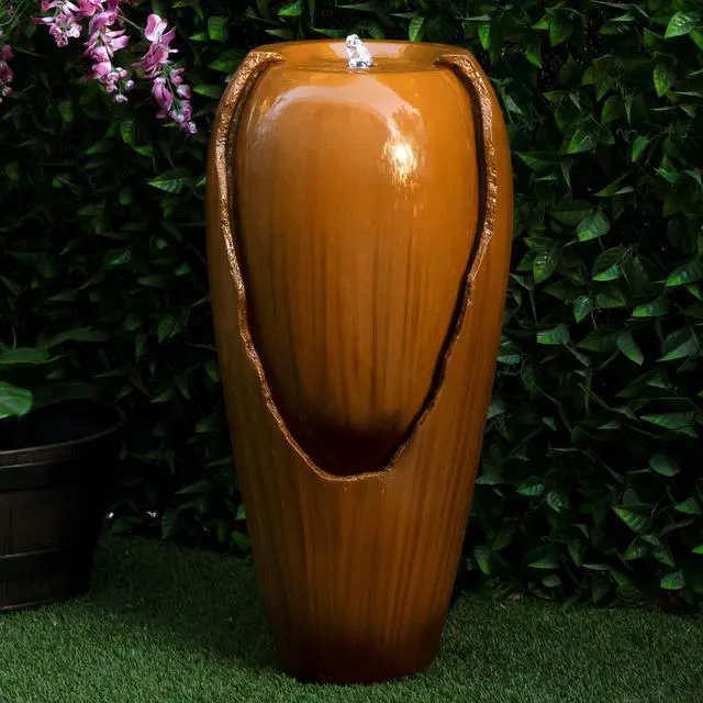 Alt view image 2 of 6 - 33" Tall Outdoor Vintage Cascading Antique Jar Water Fountain with LED Lights for Gardens, Patios, and Yards, Brown