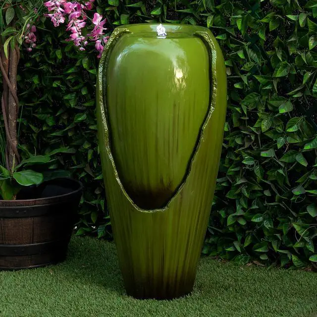 Alt view image 2 of 6 - 33" Tall Outdoor Vintage Cascading Antique Jar Water Fountain with LED Lights for Gardens, Patios, and Yards, Green