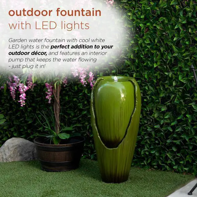 Alt view image 4 of 6 - 33" Tall Outdoor Vintage Cascading Antique Jar Water Fountain with LED Lights for Gardens, Patios, and Yards, Green