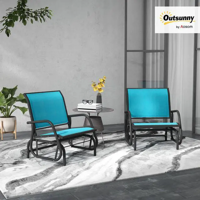 Alt view image 2 of 6 - Porch Glider Set of 2, Metal Frame Swing Glider Chair with Breathable Mesh Fabric, Curved Armrests and Steel Frame for Garden, Poolside, Backyard, Balcony, Blue